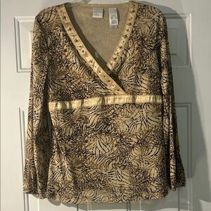 (🔥4 For $20) Emma James Women’s XLP Petite Gold and Brown Leaf Blouse